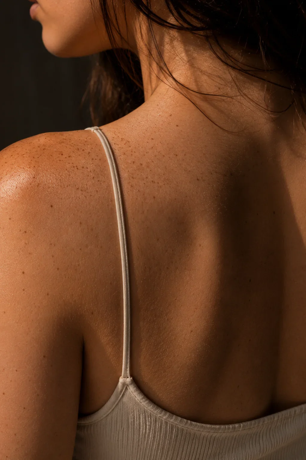 Close-up of a shoulder and back with natural freckles