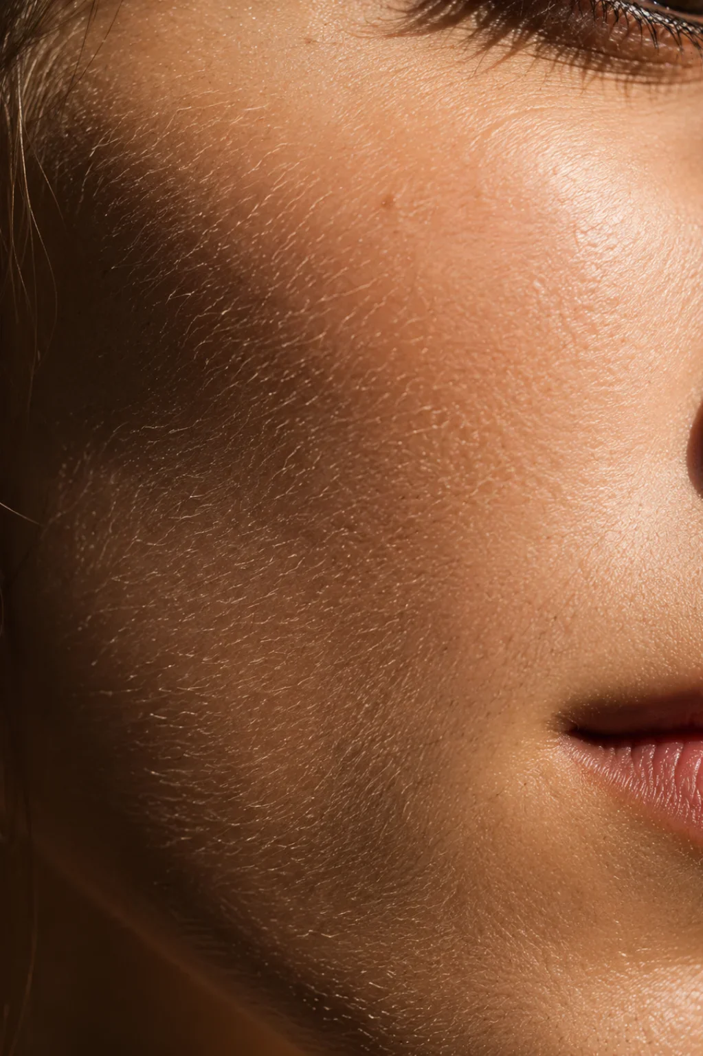 Extreme close-up of realistic cheek skin texture and fine hairs