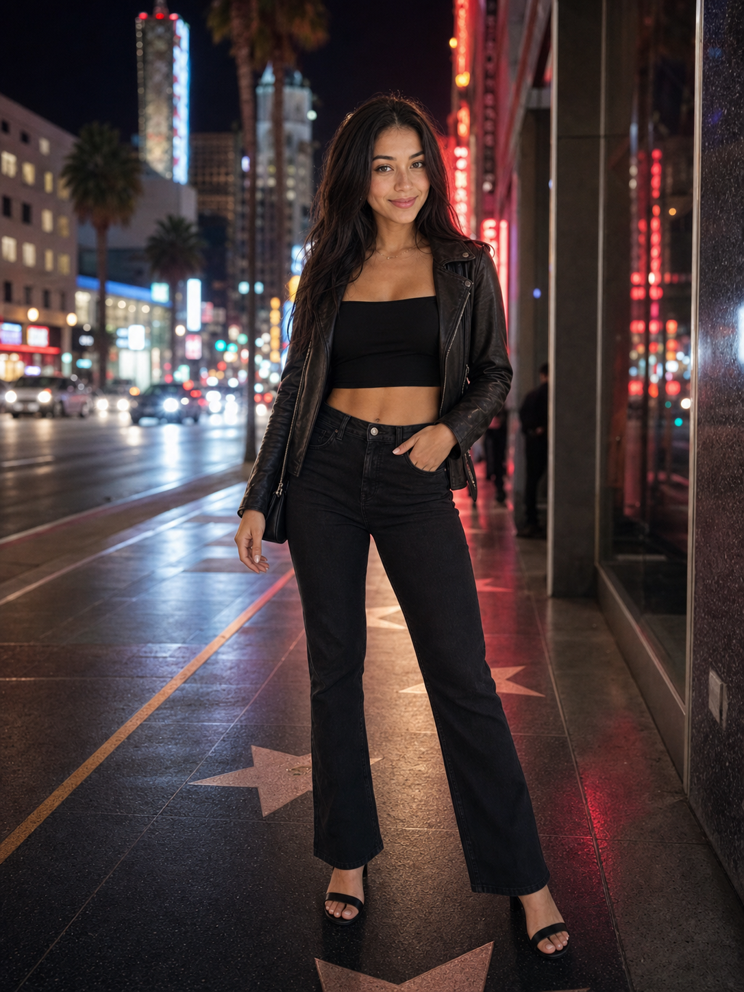 AI model on a city street at night