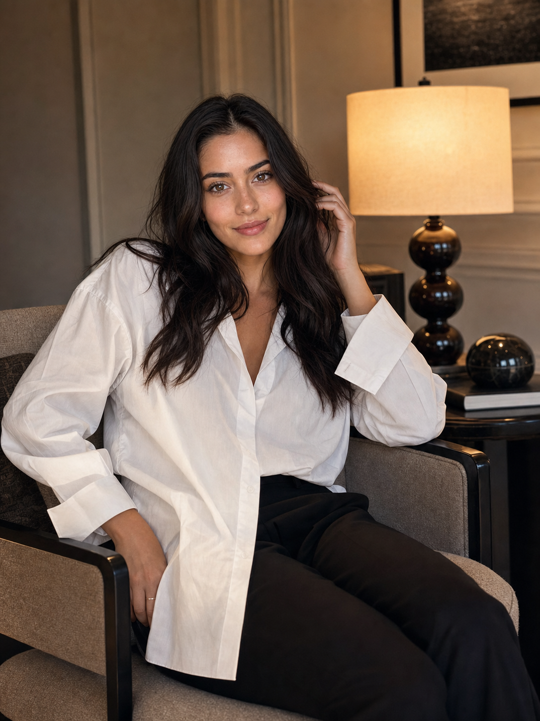 AI model in a relaxed evening outfit