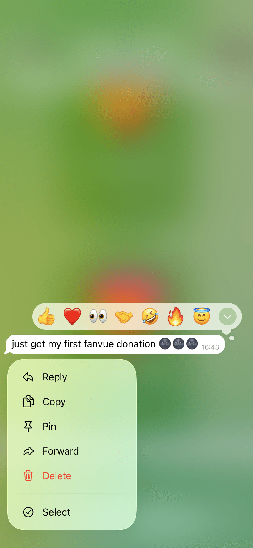 Buyer Telegram message: first Fanvue donation